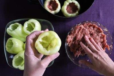 prepping peppers for stuffing